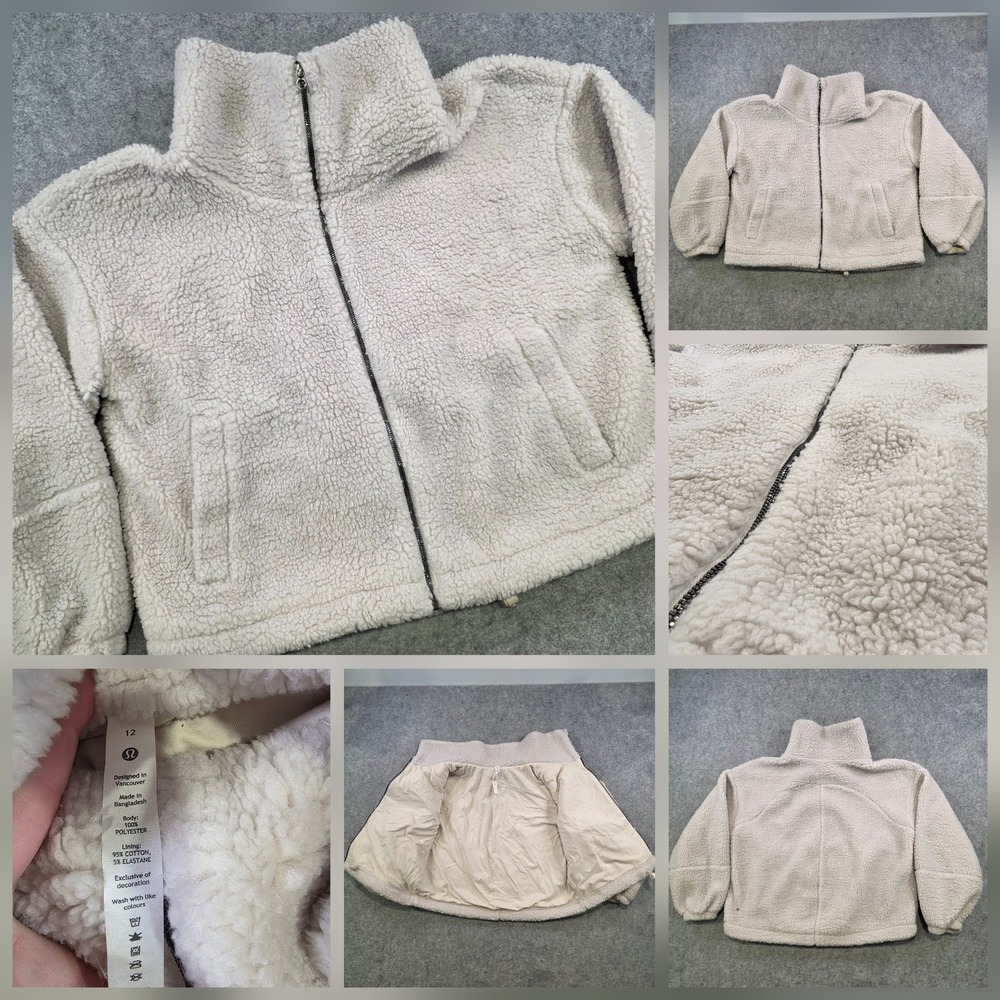 Lululemon Sherpa Cinchable Fleece Jacket Womens 12 White Full Zip Lined Pockets